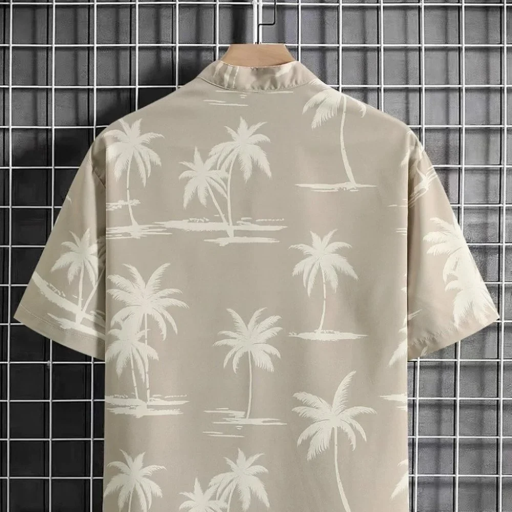 Khaki Vacation Style Men's Palm Print Shirt - Picture 3 of 6